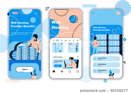 Web hosting concept onboarding screens for mobile app templates. Data center racks hardware and cloud technology. UI, UX, GUI user interface kit with people scenes for web design. Vector illustration 98356677