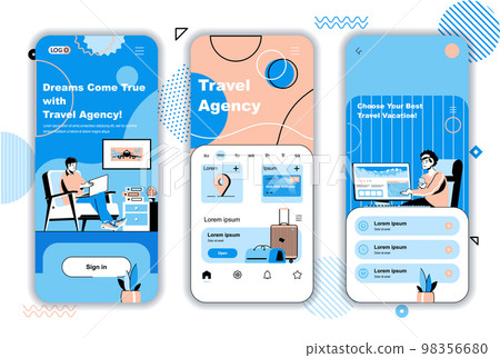 Travel agency concept onboarding screens for mobile app templates. Operator helps to choose tour, trip, vacation. UI, UX, GUI user interface kit with people scenes for web design. Vector illustration 98356680