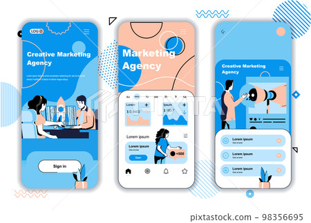 Marketing agency concept onboarding screens for mobile app templates. Advertising campaign and business promotion. UI, UX, GUI user interface kit with people scenes for web design. Vector illustration Marketing agency concept onboarding screens for mobile app templates. Advertising campaign and business promotion. UI, UX, GUI user interface kit with people scenes for web design. Vector illustration 98356695