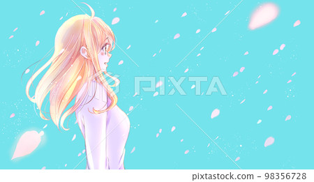 A woman with a gentle expression Cherry blossoms falling backlit 98356728