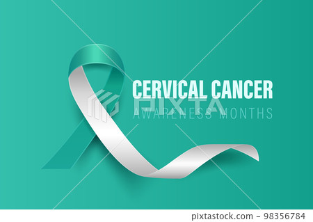 Cervical Cancer Banner, Card, Placard with Vector 3d Realistic Teal and White Ribbon on Teal Background. Cervical Cancer Awareness Month Symbol Closeup. World Cervical Cancer Day Concept 98356784