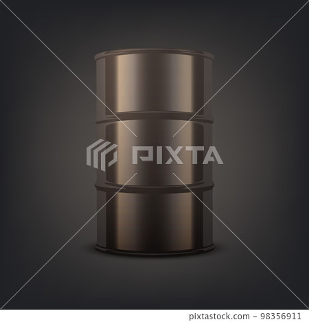 Vector 3d Realistic Black Barrel on Black Background, Hazard Liquid. Caution, Radioactive, Hazardous Chemical Materials, Toxic Pollution, Danger Barrel Closeup Isolated. Front View 98356911