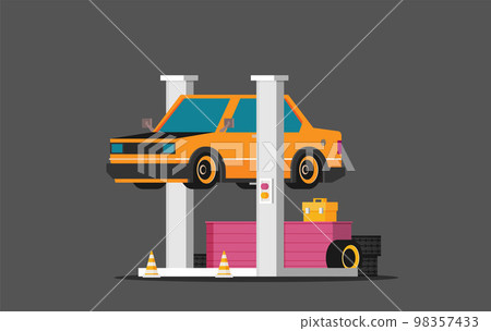 Car repair. Car lifted on auto lift. Vector - Stock Illustration ...