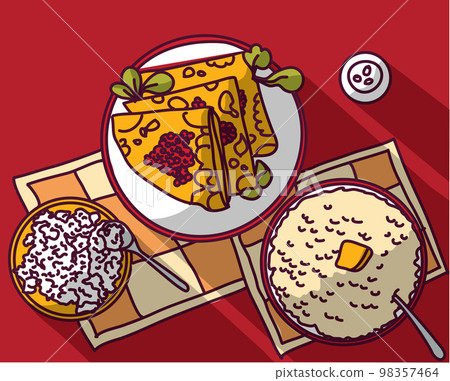 Russian food pancakes red food cottage cheese porridge butter Russian food pancakes red food cottage cheese porridge butter 98357464