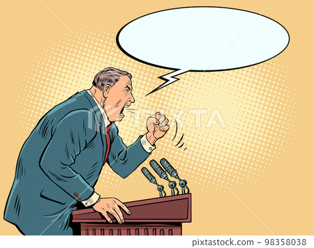A massive man in a suit and red tie screams emotionally from the podium into the microphones. The politician proves his case and argues with his opponent. A massive man in a suit and red tie screams emotionally from the podium into the microphones. The politician proves his case and argues with his opponent. 98358038