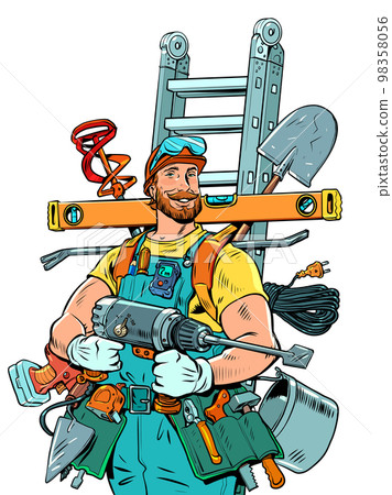 A man with red hair and a beard organizes his household and work affairs, where he uses many tools. The worker is ready to perform any task related to the repair. 98358056