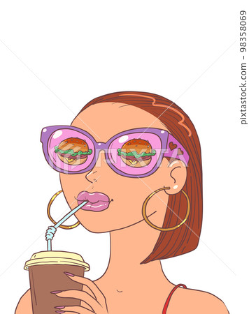 A girl in original glasses drinks a drink and thinks about buying. Potential consumer of a service or offer. 98358069