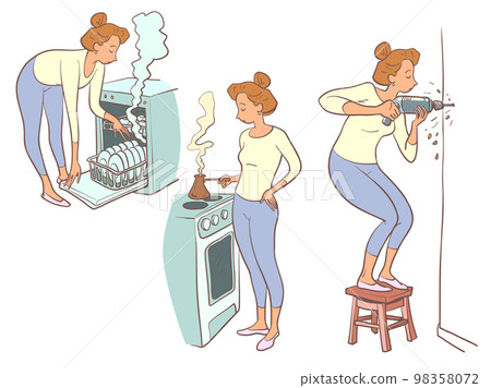 A girl with a red haircut prepares coffee and breakfast, uses a dishwasher and drills a wall with a drill. The home routine of a woman who is at home a lot. A girl with a red haircut prepares coffee and breakfast, uses a dishwasher and drills a wall with a drill. The home routine of a woman who is at home a lot. 98358072