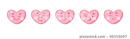 Cute Valentine Day style hearts decorative stickers. Set of lovely icons with heart shaped character with funny anime face. Tongue out, wink, playful, flirt, satisfied and joyful vector pink emoticon. 98358097