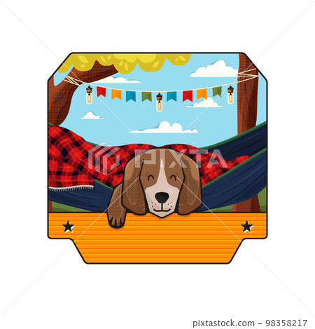 Camping Adventure badge design with dog sleeping outdoor. Travel logo graphics. Stock vector retro label isolated on white background Camping Adventure badge design with dog sleeping outdoor. Travel logo graphics. Stock vector retro label isolated on white background 98358217