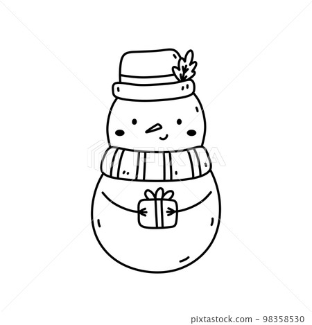 Cute snowman with gift isolated on white 98358530