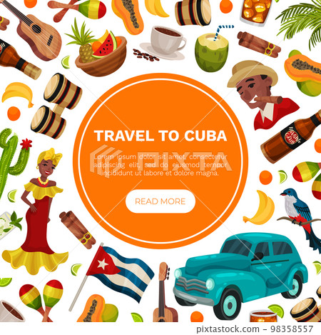 Cuba Travel Banner Design with National Symbol and Attributes Vector Template 98358557