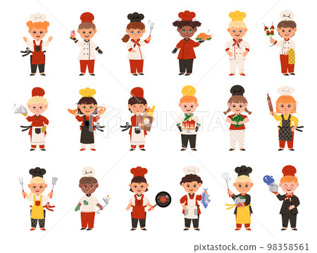 Smiling Boy and Girl Wearing Toque and Jacket Engaged in Culinary Vector Illustration Big Set Smiling Boy and Girl Wearing Toque and Jacket Engaged in Culinary Vector Illustration Big Set 98358561