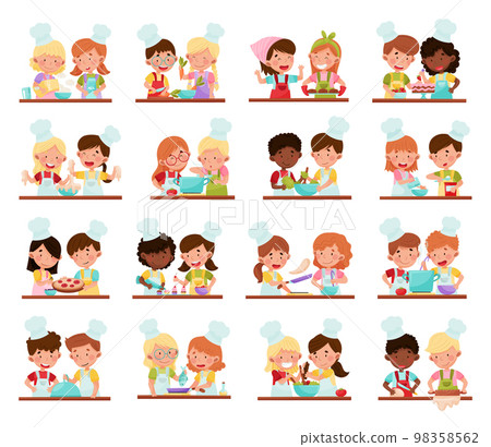 Smiling Boy and Girl Wearing Toque and Apron at Table Cooking Vector Illustration Set Smiling Boy and Girl Wearing Toque and Apron at Table Cooking Vector Illustration Set 98358562