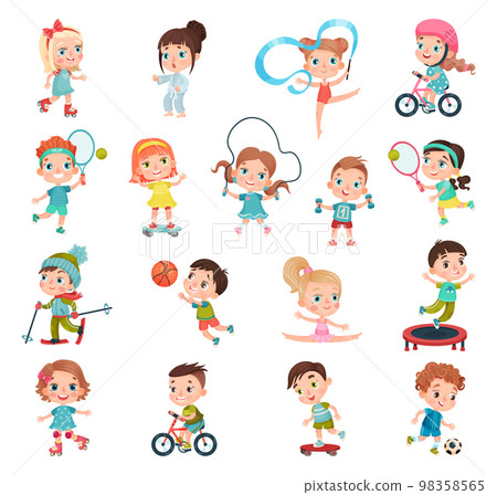 Kids Practicing Different Sports and Physical Activities In Education Class Gym and Outdoors Vector Set 98358565