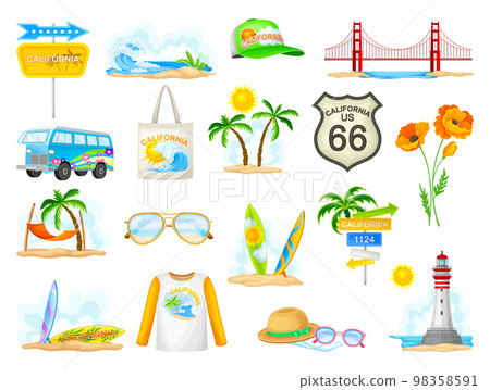 California Travel and Tourism with Summer Beach Objects Vector Set 98358591