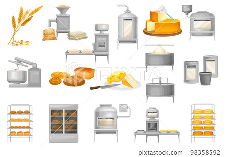 Bread and Cheese Production with Industrial Equipment and Ready Product Vector Set Bread and Cheese Production with Industrial Equipment and Ready Product Vector Set 98358592