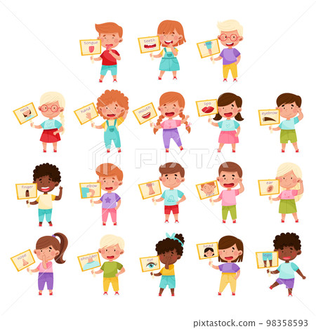 Happy Children Showing Cards with Body Part Vector Set 98358593