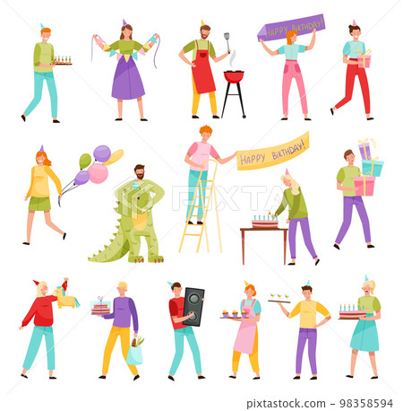 People Characters Celebrating Birthday Carrying Balloons and Gift Box Vector Illustration Set People Characters Celebrating Birthday Carrying Balloons and Gift Box Vector Illustration Set 98358594