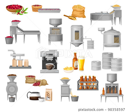 Beer and Coffee Production with Machine and Metal Brewing Equipment Vector Set 98358597