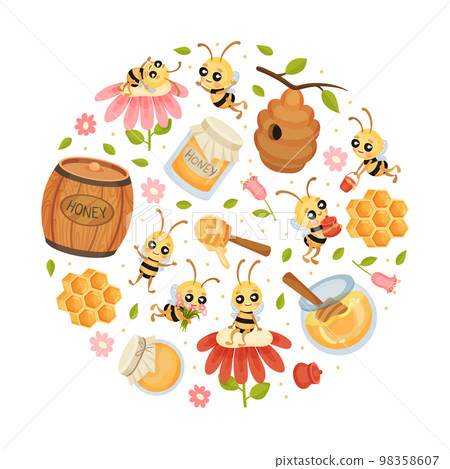 Cute Honey Bee Round Composition Design with Busy Insect and Natural Sweet Food Vector Template 98358607