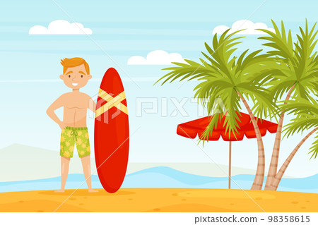Bali with Man at Sandy Seashore Standing with Surfboard Vector Illustration 98358615