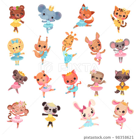 Cute Animal Ballerina in Tutu Skirt and Pointe Shoes Dancing Ballet Vector Set 98358621