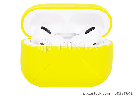 White wireless headphones in a yellow case isolated on white. Headphones on a white background. 98358641