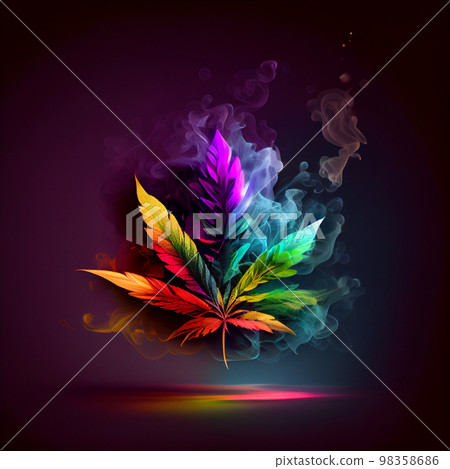 Cannabis leaves. Cannabis marijuana foliage with a purple pink tint on a black background. Large leaf of cannabis plant in purple light. Cannabis leaves. Cannabis marijuana foliage with a purple pink tint on a black background. Large leaf of cannabis plant in purple light. 98358686