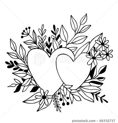 Hand drawn vector illustration with two hearts and plants. Sketch outline with element of Valentines day. Doodle sign is black and white. 98358737