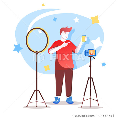 Video blogger flat character concept for web design. Happy man recording video review of mobile phone in studio, modern people scene. Vector illustration for social media promotional materials. 98358751