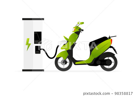 Electric Scooter and Charging Station. Green Modern Scooter recharges batteries. Eco Delivery Transport Concept. Vector Illustration. 98358817