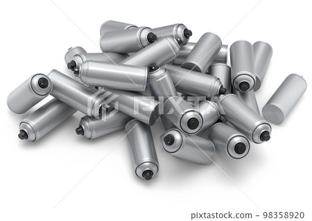 Lots of flying spray paint cans on white background. Spray bottle and dispenser 98358920
