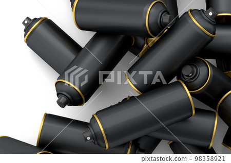 Lots of flying spray paint cans on white background. Spray bottle and dispenser 98358921