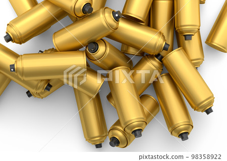 Lots of flying spray paint cans on white background. Spray bottle and dispenser 98358922