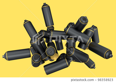 Lots of flying spray paint cans on yellow background. Spray bottle and dispenser 98358923