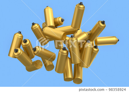 Lots of flying spray paint cans on blue background. Spray bottle and dispenser 98358924