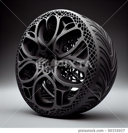 Black car wheel with carbon fiber barrel showing the weave Black car wheel with carbon fiber barrel showing the weave 98358937