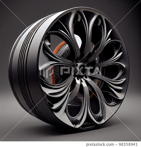Black car wheel with carbon fiber barrel showing the weave Black car wheel with carbon fiber barrel showing the weave 98358941