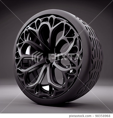 Black car wheel with carbon fiber barrel showing the weave Black car wheel with carbon fiber barrel showing the weave 98358968