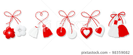 Martisor set, red and white symbol of spring. Traditional spring holiday in Romania and Moldova. Symbols, talismans, icons, vector 98359082