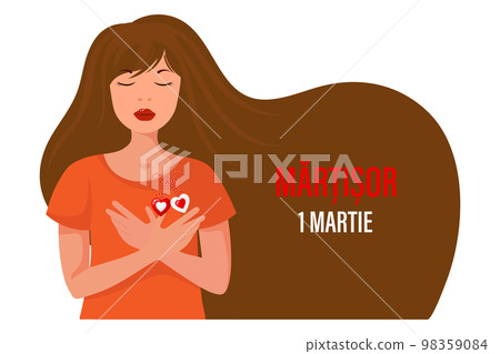 A pretty girl with a martisor, a red and white symbol of spring. Traditional spring holiday in Romania and Moldova. Postcard, banner, vector A pretty girl with a martisor, a red and white symbol of spring. Traditional spring holiday in Romania and Moldova. Postcard, banner, vector 98359084