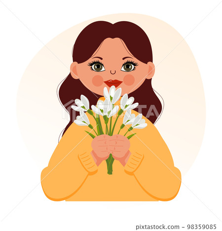Cute girl with a bouquet of snowdrops, spring illustration in a flat style. Postcard, banner, vector Cute girl with a bouquet of snowdrops, spring illustration in a flat style. Postcard, banner, vector 98359085