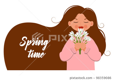 Cute girl with a bouquet of snowdrops, spring illustration in a flat style. Postcard, banner, vector Cute girl with a bouquet of snowdrops, spring illustration in a flat style. Postcard, banner, vector 98359086