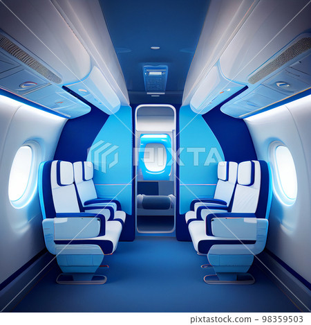 Business Interior Jet Airplane in blue and white color. 98359503