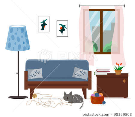 Interior illustration - sofa, floor lamp and nightstand. Window with curtains. The cat plays with balls for knitting. Vector.  98359808