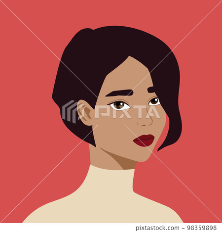 Portrait of a beautiful half turn Latin woman. Young brown haired girl with stylish haircut. Fashion and beauty. Female. Avatar for social networks. Bright art. Flat style Portrait of a beautiful half turn Latin woman. Young brown haired girl with stylish haircut. Fashion and beauty. Female. Avatar for social networks. Bright art. Flat style 98359898