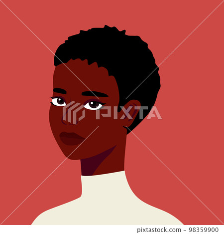 Portrait of a beautiful half turn African woman. Young short haired girl. Fashion and beauty. Female. Avatar for social networks. Bright art. Flat style 98359900