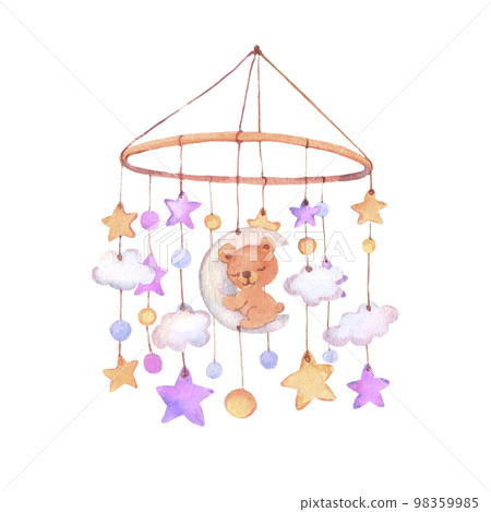 Watercolor Baby crib mobiles diy for baby bassinet, crib, cradle. Toys isolated on white background. Watercolor Baby crib mobiles diy for baby bassinet, crib, cradle. Toys isolated on white background. 98359985