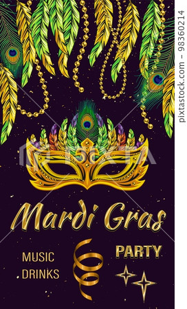 Vertical carnaval yellow poster with mask, feathers, golden text. Social media story size. Template for Mardi Gras carnival, party in vintage style. Detailed illustration Vertical carnaval yellow poster with mask, feathers, golden text. Social media story size. Template for Mardi Gras carnival, party in vintage style. Detailed illustration 98360214